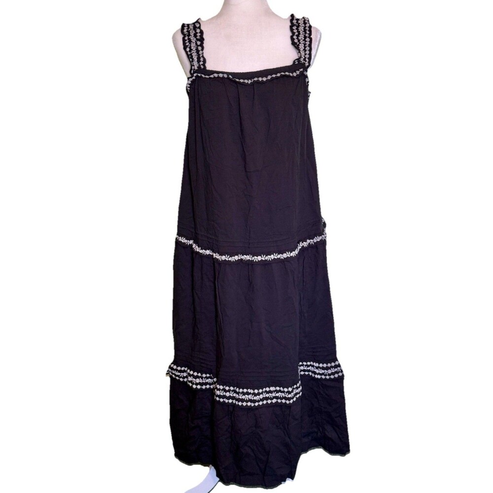 Women Black Embroidered Tiered Maxi Dress Boho Prairie Sleeveless Size Large NEW